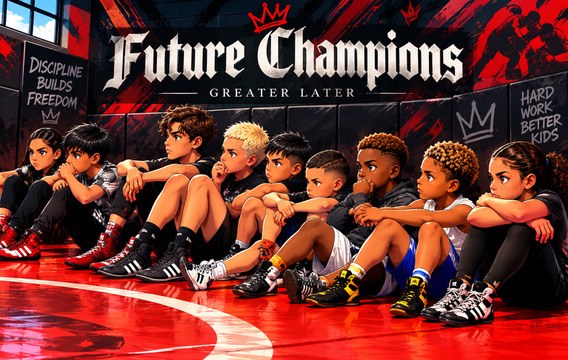 Illustration of young wrestlers sitting on a red mat beneath the Future Champions Greater Later banner