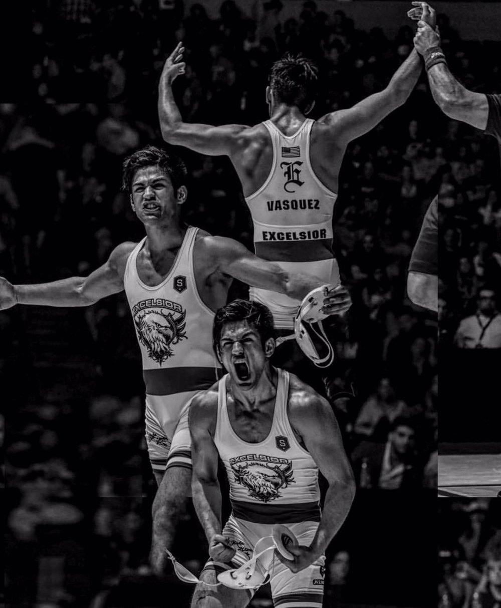 Black and white collage of Jesse Vasquez Jr. celebrating a win